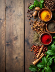 Aufkleber - Spices and herbs on rustic wooden background with free space for text in top view photo style.