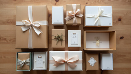 Poster - Stylish craft boxes arranged on a wooden table in a flat lay display.