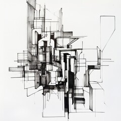 Fototapete - An intricate abstract design features sharp lines and geometric shapes, creating a compelling representation of an urban landscape. Generative AI