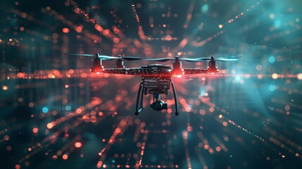 Poster - Modern drone with camera flying through digital data stream at night, representing innovative technology, artificial intelligence, and futuristic concepts