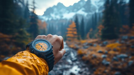 Poster - A hiker glances at their watch while standing on a muddy trail, surrounded by vibrant autumn foliage and majestic mountains under a cloudy sky.