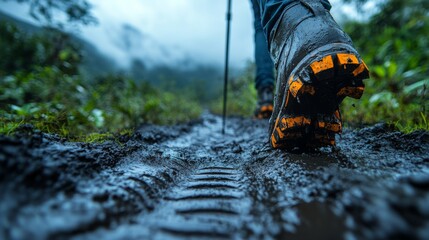 Poster - A hiker navigates a muddy trail surrounded by vibrant greenery. The ground is damp and tracks are visible as they explore the outdoors.