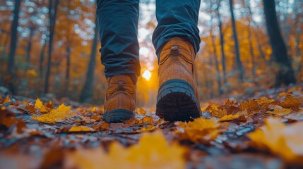 Poster - As the sun sets, a person walks along a forest path covered in vibrant autumn leaves, wearing durable brown boots and enjoying the serene atmosphere.