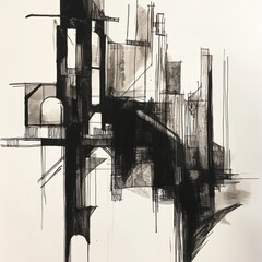 Aufkleber - Complex lines and architectural elements blend in this black ink drawing, portraying a dynamic urban landscape filled with energy and creativity. Generative AI