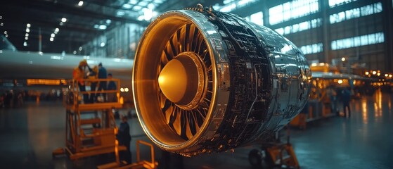 Close-up view of an aircraft jet engine in a hangar, with a group of workers blurred in the background.