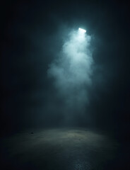 Poster - A dark room has a light and smoky atmosphere in the background visually.