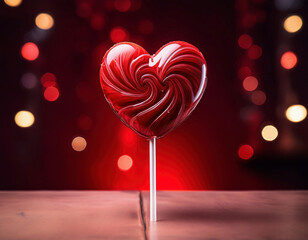 Wall Mural - Heart shaped lollipop on a table with bokeh lights on dark red background