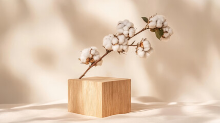 Poster - Wooden cube stand showcasing a cotton branch on a light beige backdrop.
