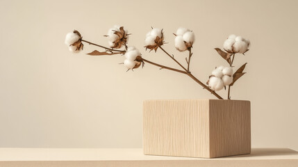 Poster - Wooden cube stand showcasing a cotton branch on a light beige backdrop.
