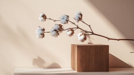 Poster - Wooden cube stand showcasing a cotton branch on a light beige backdrop.
