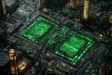 Poster - An abstract illustration of futuristic city skylines. Glowing particles as a futuristic city skyline. Abstract binary code pattern.