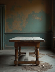 Poster - A worn wooden table stands alone in a dimly lit empty room with faded wooden details surrounding it slowly deteriorating over time outside.