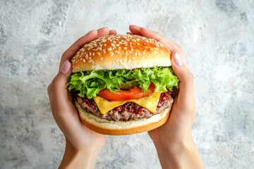Poster - Hands grasp a hearty burger that features fresh lettuce, tomato, and melted cheese, highlighting its appetizing layers and textures. Generative AI