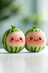 Two cute, cartoonish watermelons with smiling faces and tiny green leaves on top, set against a soft background, Great for children's products, summer themes, or food-related content,