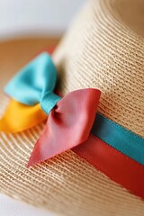 A close-up of a stylish straw hat adorned with vibrant ribbons, Ideal for fashion, summer, or lifestyle projects, this image can enhance promotional materials, social media