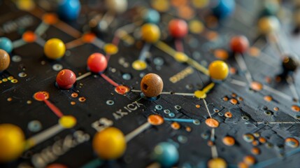 Poster - Colorful pushpins are connecting points on a network diagram, providing a visual representation of connections and data flow