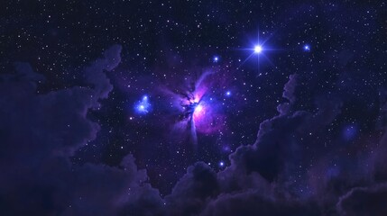 Poster - Winter night sky featuring the purple Orion nebula and bright blue Rigel star partially obscured by clouds in a long exposure photograph