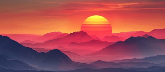 Poster - Red Sun Setting Over The Horizon With Mountains In The Foreground
