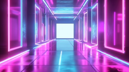 Aufkleber - 3D rendering of an abstract neon backdrop featuring a blank frame virtual reality display ultraviolet hues laser effects a fashion runway and reflective flooring