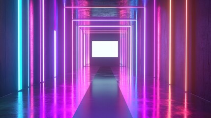 Aufkleber - 3D rendering of an abstract neon backdrop featuring a blank frame virtual reality display ultraviolet hues laser effects a fashion runway and reflective flooring