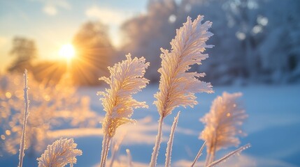 Leinwandbilder - Frost-laden grass sways gently in the breeze, illuminated by golden sunlight during a serene winter afternoon amidst freshly fallen snow.