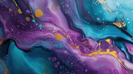 Aufkleber - Fluid art banner featuring an abstract paint mixture Liquid acrylic design with flowing splashing effects Ideal for interior poster using a palette of purple teal blue and gold