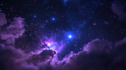 Poster - Winter night sky featuring the purple Orion nebula and bright blue Rigel star partially obscured by clouds in a long exposure photograph