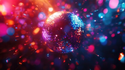 Poster - Colorful disco lights reflect off a spherical disco ball creating an abstract wallpaper background suitable for vibrant party themes 16 9 4k resolution