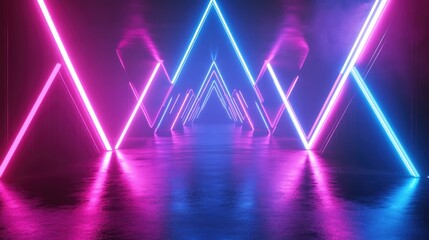 Aufkleber - 3D render of a blue and pink neon triangular frame featuring triangle shapes and empty space illuminated by ultraviolet light in a retro 80s fashion show abstract background
