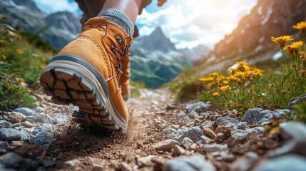 Poster - A person walks on a rugged mountain path covered with rocks and flowers, enjoying the beautiful scenery surrounded by peaks in the afternoon light.