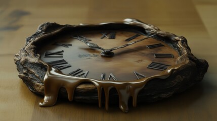 Aufkleber - This artwork features a melting clock resting on a wooden surface, symbolizing the fluidity and passage of time in an imaginative way. Generative AI