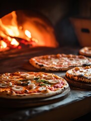 Poster - Several pizzas are baking in a hot oven, where bright flames enhance the rich aromas of freshly cooked dough and toppings. Generative AI