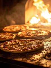 Poster - Pizzas are cooking in a wood-fired oven, surrounded by vibrant flames, creating a tantalizing culinary experience. Generative AI