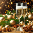 © homydesign - Two glasses of champagne with Christmas decorations and festive lights