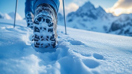 Poster - A person walks through deep, fresh snow in the mountains, enjoying a bright day. The snow-capped peaks and clear skies create a breathtaking backdrop for the trek.