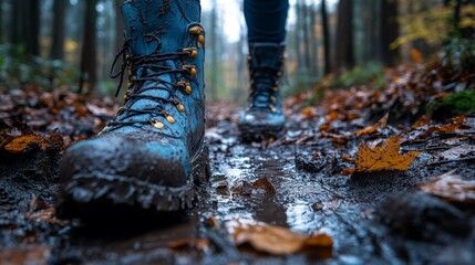 Poster - The trail in the forest is wet and muddy, with fallen leaves scattered around as blue hiking boots splash through the puddles, showcasing a typical autumn adventure.