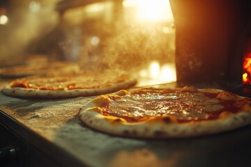 Poster - Fresh pizzas are baking in a wood-fired oven, with golden crusts and steaming toppings, filling the air with delightful aromas. Generative AI