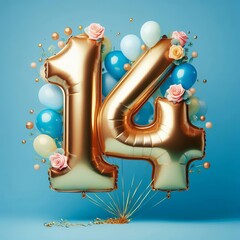 balloon in a shape of number 14 on blue background for birthday celebration