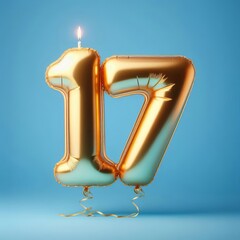 balloon in a shape of number 17 on blue background for birthday celebration