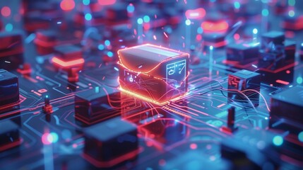 Poster - Glowing package being transported on a futuristic circuit board, representing innovative delivery technology and logistics in a digital world