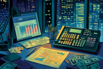 Aufkleber - computer monitor is on a desk with a potted plant and a stack of bills. The desk is cluttered with various items, including a calculator, a keyboard, and a mouse