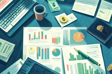 Aufkleber - laptop is on a table with a cup of coffee and a stack of money. The table is covered with various papers, including graphs and charts