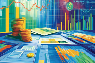 Aufkleber - colorful image of a pile of coins and dollar bills on a table with graphs and charts. Scene is that of a busy financial market with lots of activity and transactions taking place