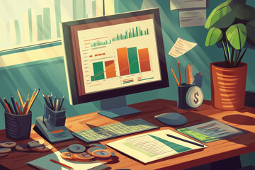Aufkleber - computer monitor is on a desk with a potted plant and a stack of bills. The desk is cluttered with various items, including a calculator, a keyboard, and a mouse