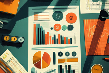 Aufkleber - colorful graph with dollar signs on it. The graph is on a table with other papers and objects