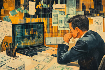 Aufkleber - man is sitting at a desk with a computer monitor in front of him. He is wearing a suit and he is focused on the screen. The room is cluttered with papers and other items