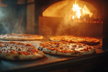 Poster - Pizzas are cooking in a heated oven, with flames visible and steam rising, creating an appetizing aroma and delightful scene. Generative AI