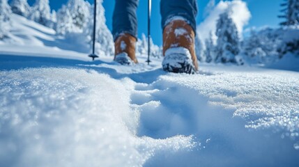 Poster - A hiker walks through deep snow on a pristine trail, enjoying the bright sunshine and serene beauty of the snow-covered landscape in the mountains.