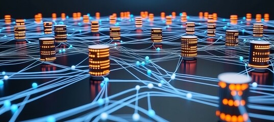 Poster - network of interconnected glowing data servers and lines, representing digital data transfer