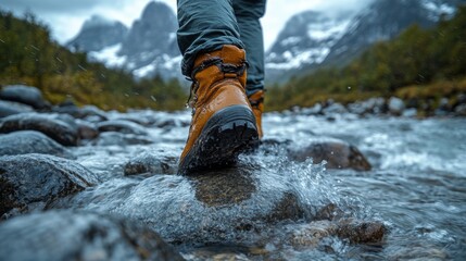 Aufkleber - A hiker walks through a shallow river, stepping carefully on the rocks while water splashes around. Majestic mountains loom in the background under a cloudy sky.